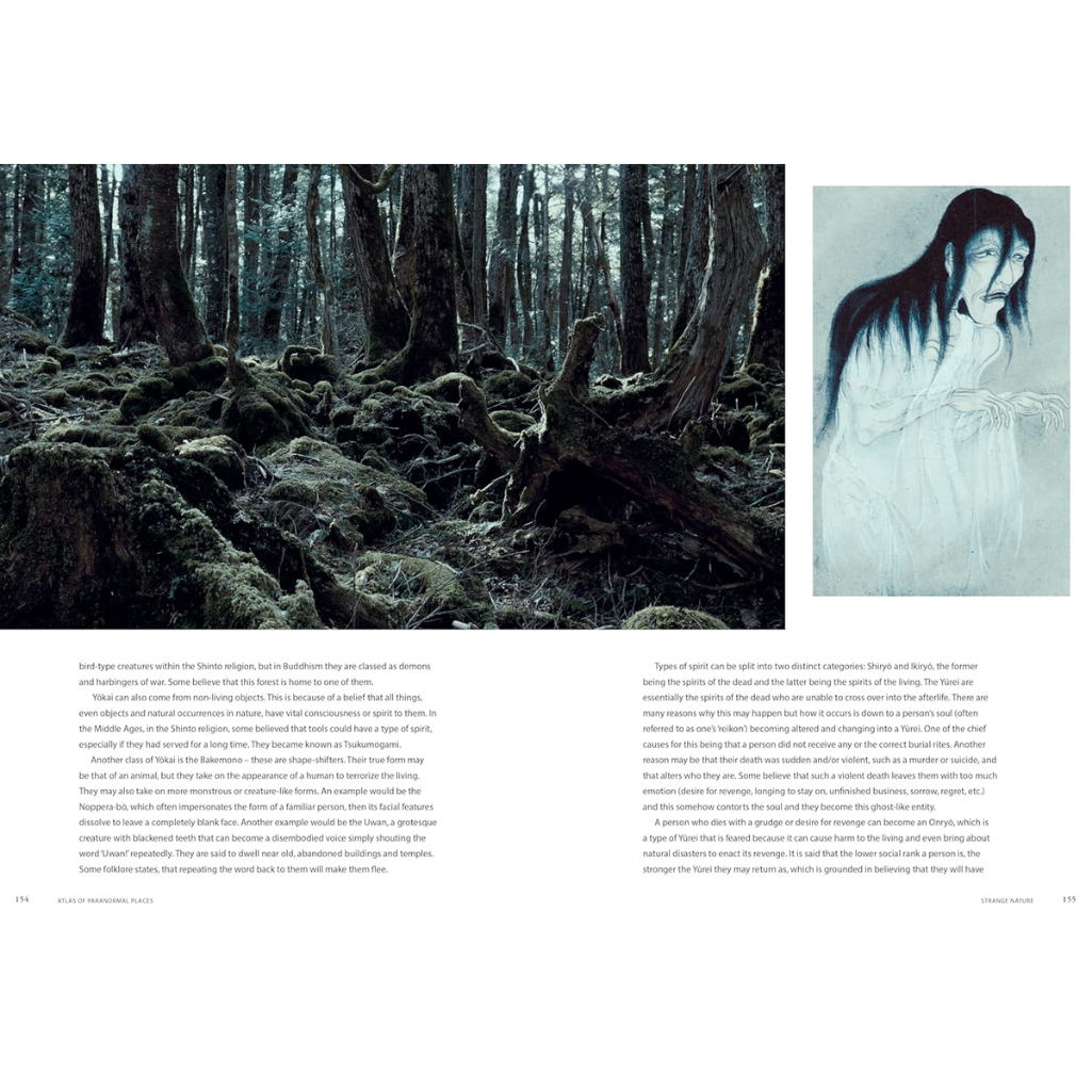 Forest scene with a ghostly figure on the right, text below