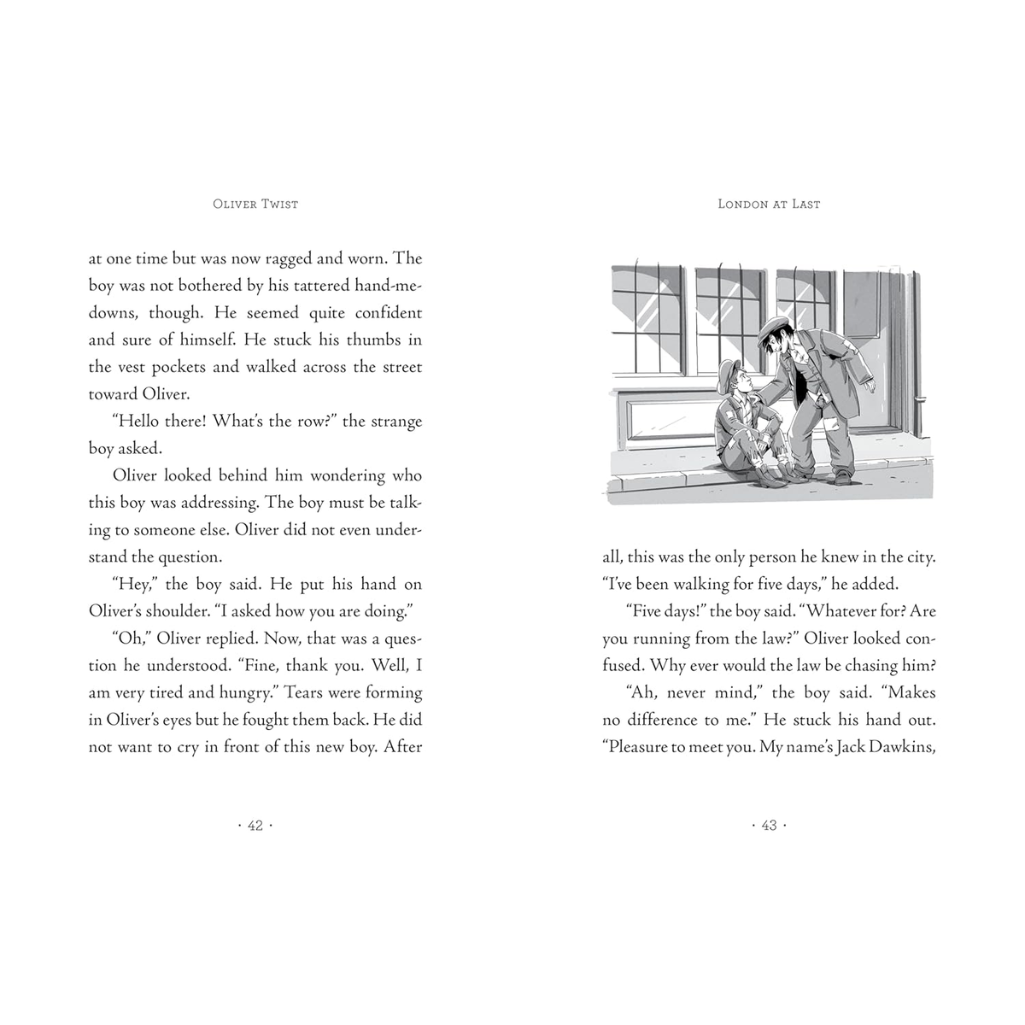 Book page with text and a black and white illustration of a boy meeting another boy on a street.