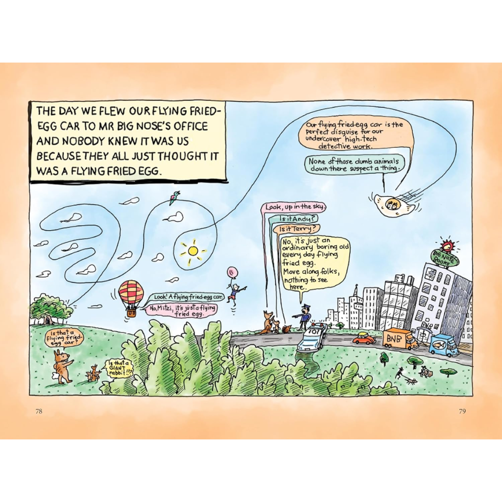 Cartoon strip with a humorous scenario about a flying fried egg car.