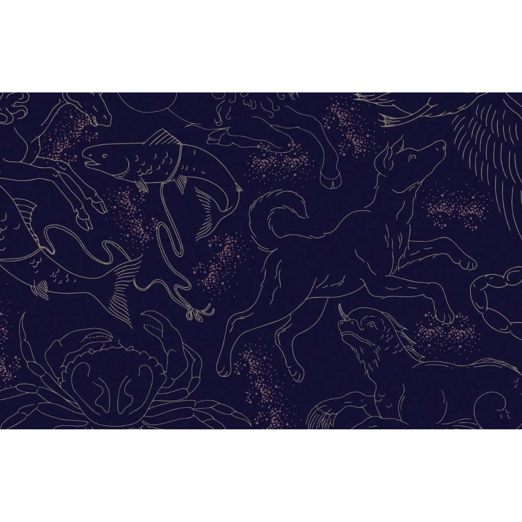 Pattern of wolves and fish on a dark blue background