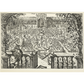Engraving of a classical garden with fountains and architectural elements