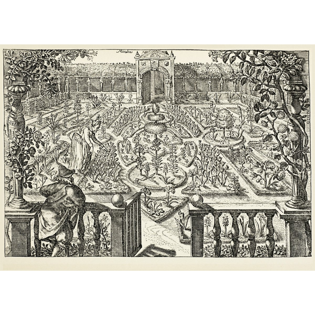 Engraving of a classical garden with fountains and architectural elements