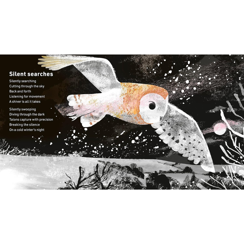 Illustration of an owl flying at night with text on a black background