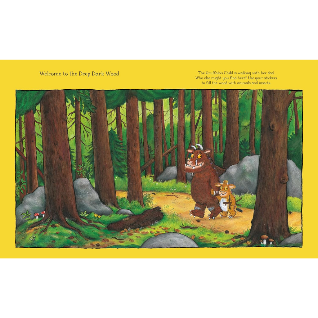 Illustration of a bear and a fox in a forest with a yellow border