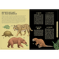 Illustrations of ice age mammals on a book page with text on a yellow and black background.