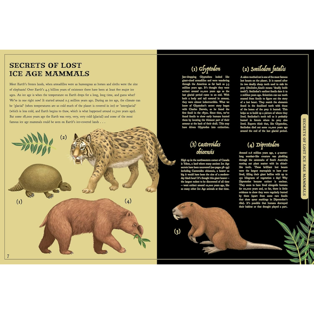 Illustrations of ice age mammals on a book page with text on a yellow and black background.