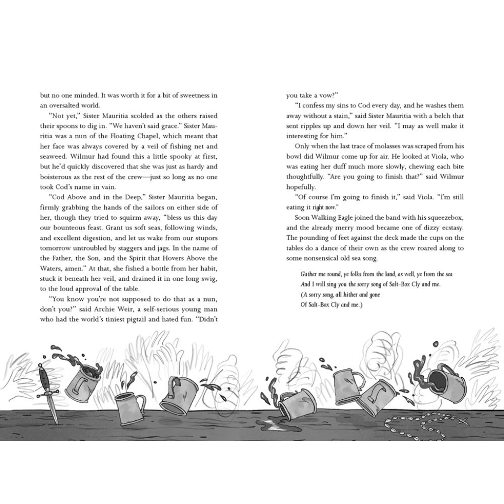 Book page with text and black and white illustrations of a scene with people and objects.