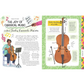 Book page about classical music with a cello illustration and text.