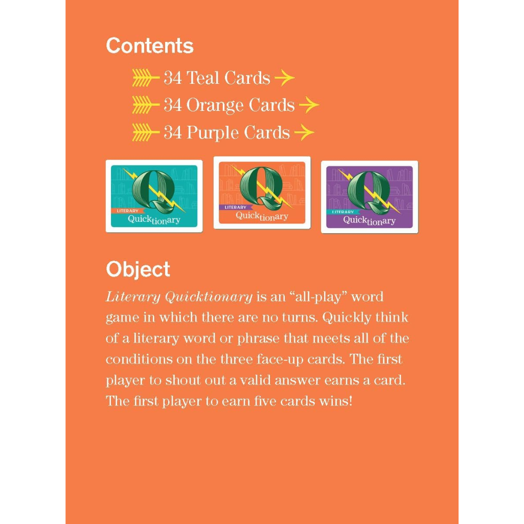 Orange card game packaging with text and card illustrations