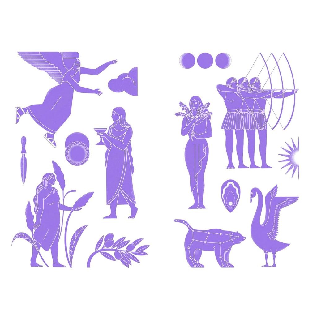Set of purple silhouette illustrations on a white background