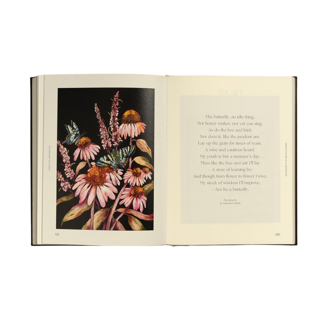 Open book with floral illustration and text on a white background