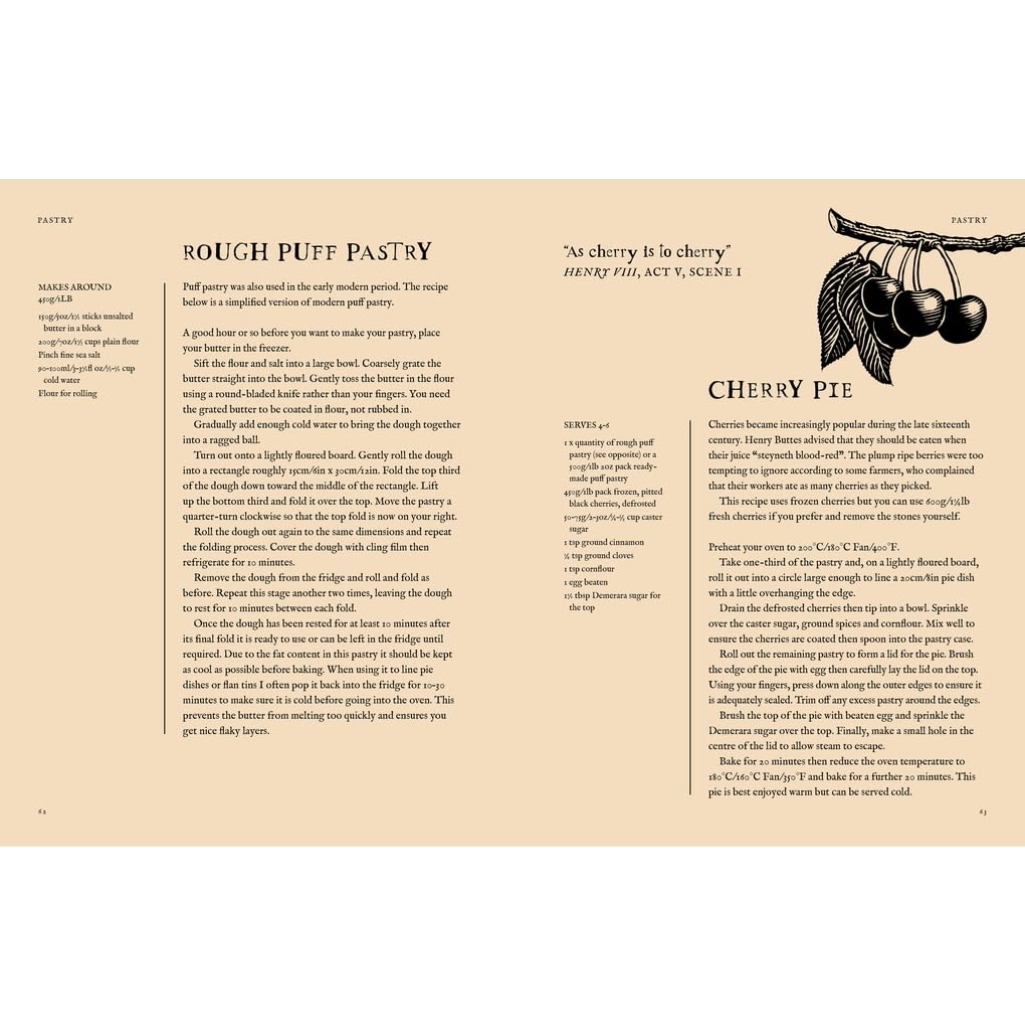 Book page with text and cherry illustration on a beige background