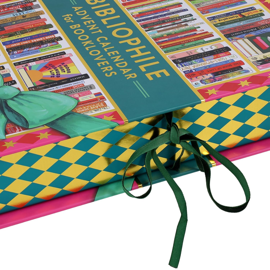 Bibliophile Advent Calendar for Booklovers with colorful design and green ribbon