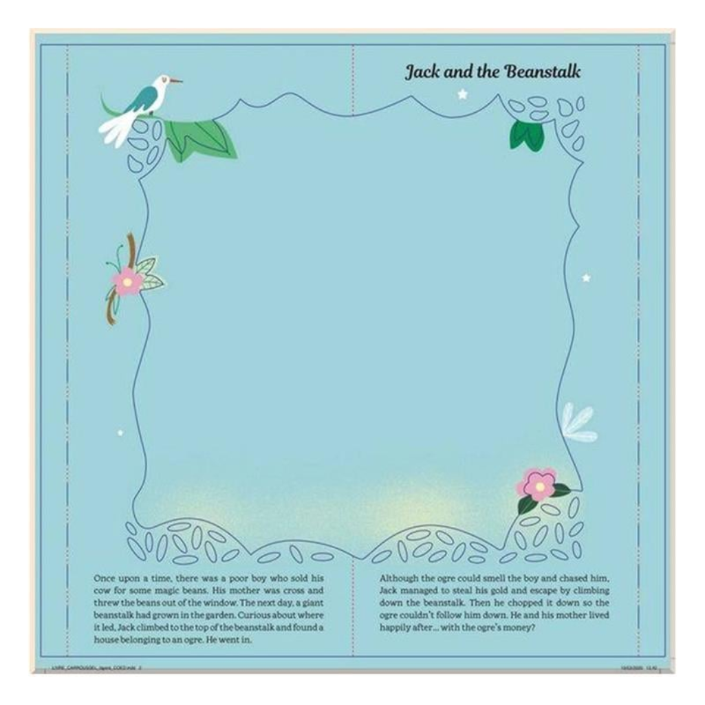 Illustration of 'Jack and the Beanstalk' with a blue background and fairy tale text.