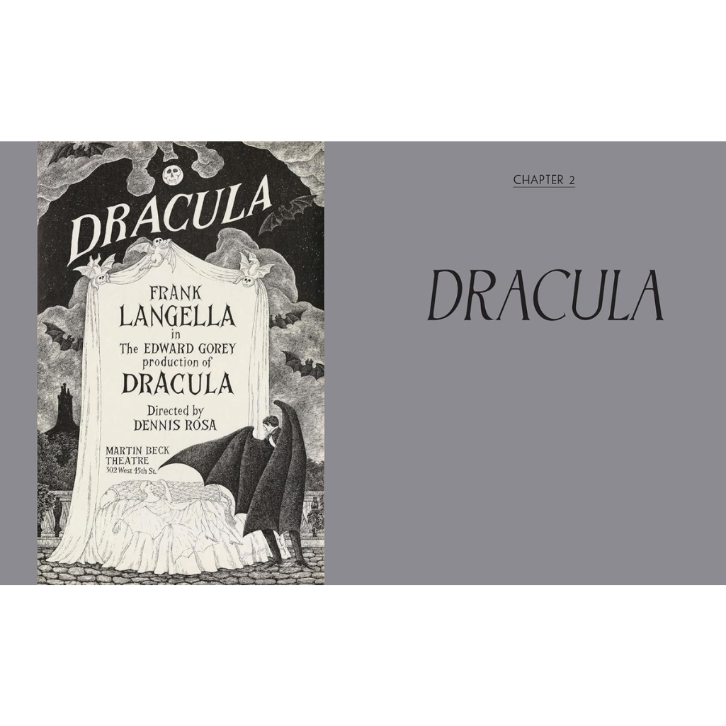 Promotional poster for 'Dracula' with text about Frank Langella and Edward Gorey, on a gray background.