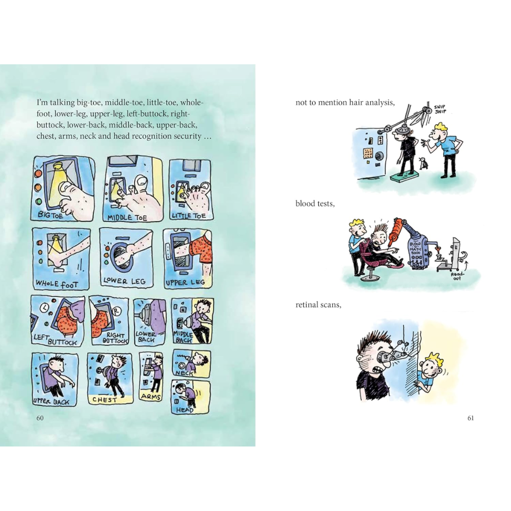 Comic page with illustrations of a character describing a security check process.