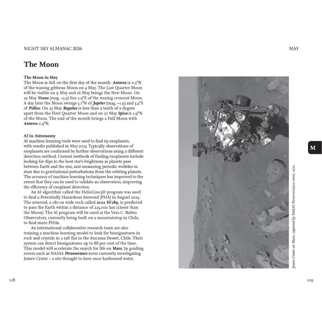 Page from a book or magazine about the Moon, featuring text and an image of a spacecraft.