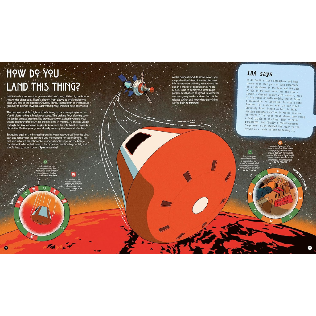 Illustration of a spacecraft landing on Mars with explanatory text and graphics.