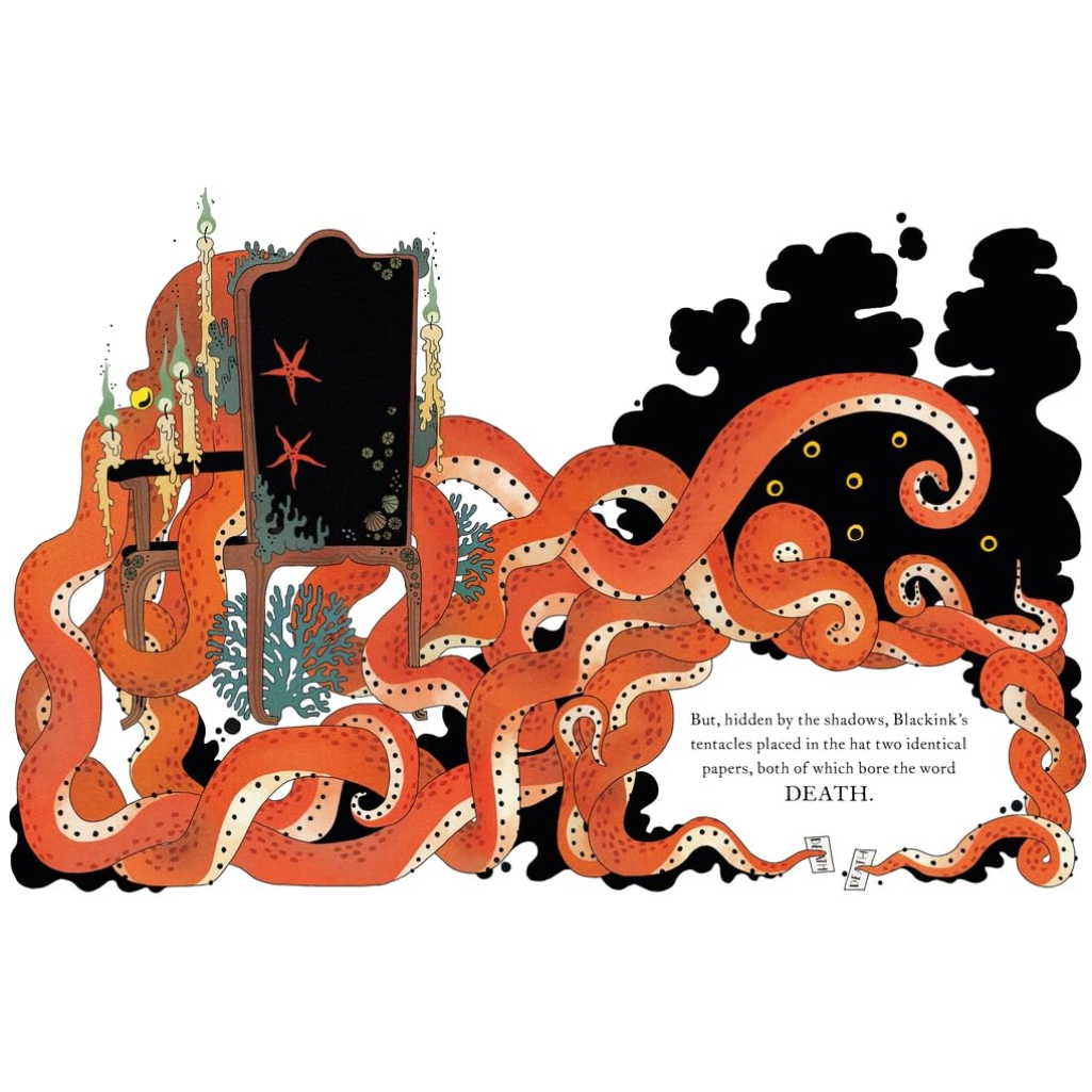 Illustration of an octopus with a hat and text on a white background