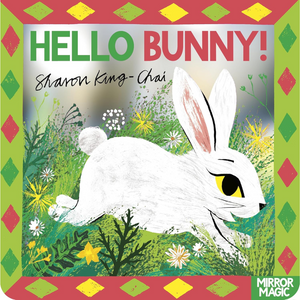Book cover of 'Hello Bunny!' with a white rabbit illustration and colorful border.