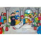 Illustration of a scene from a play with characters in colorful costumes in a stone hall.