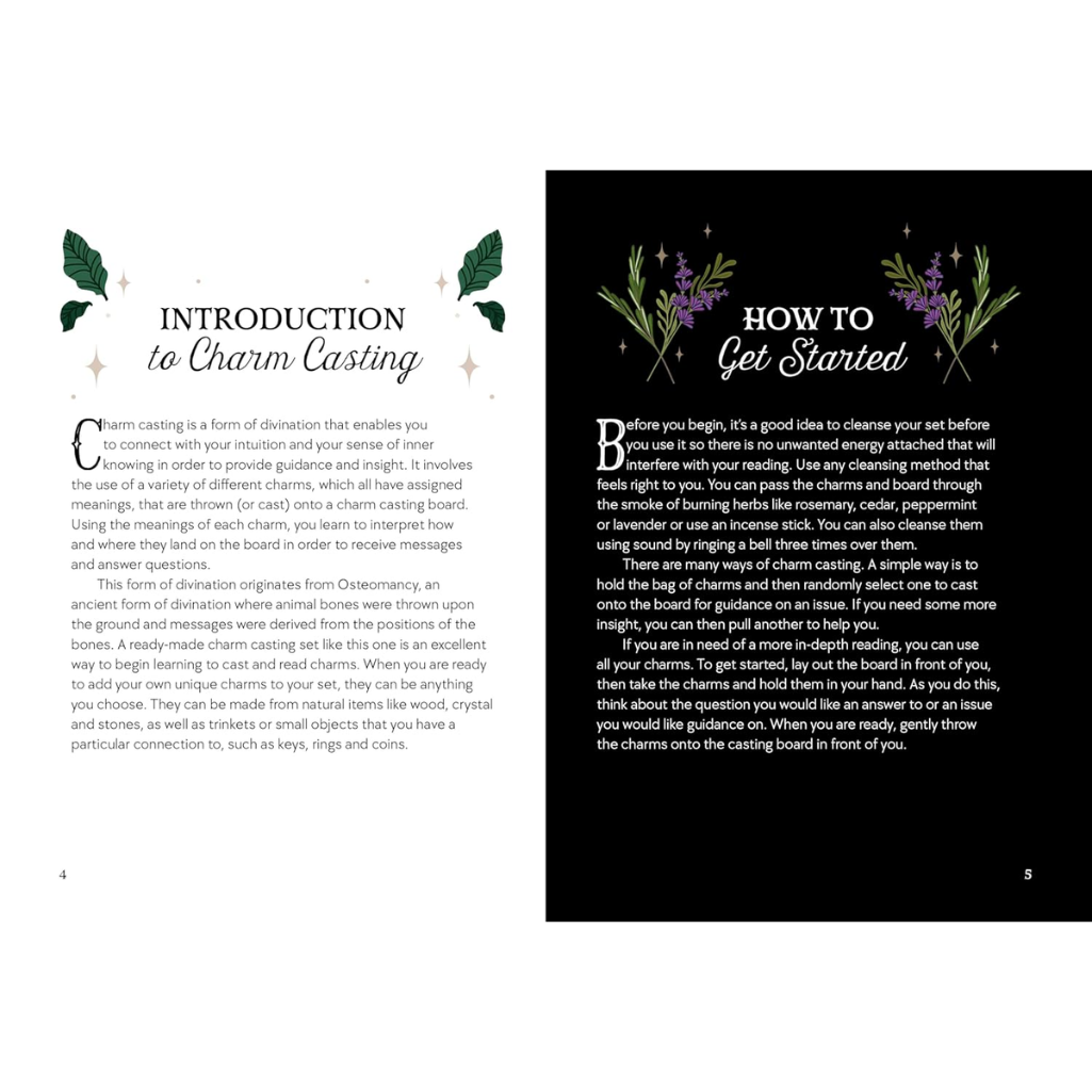 Two pages from a book on charm casting with introductory text and title.