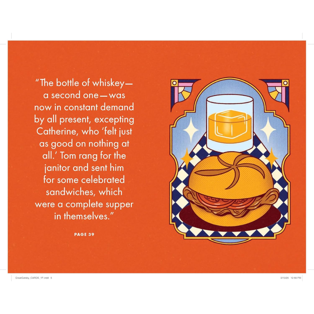 Illustration of a sandwich and glass of whiskey on an orange background with text.