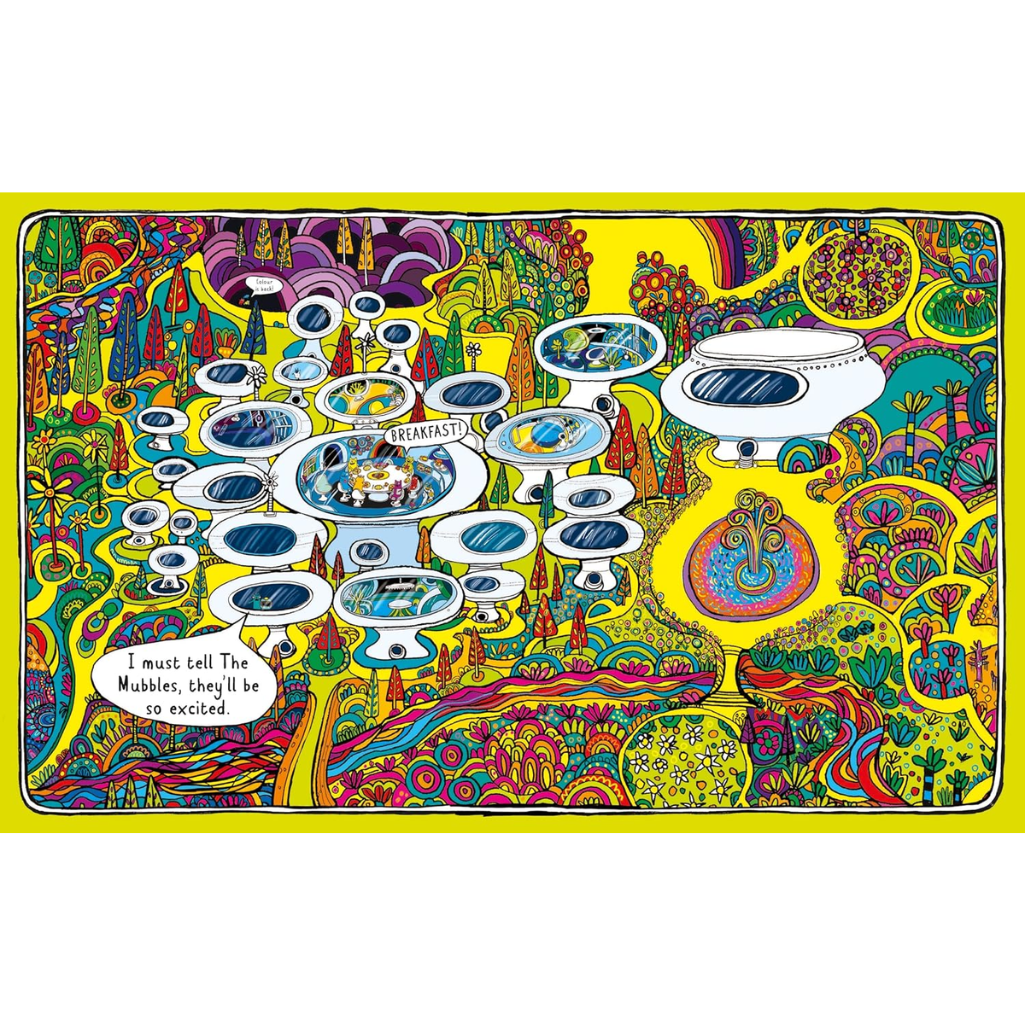 Colorful psychedelic-style artwork with various shapes and patterns on a yellow border.