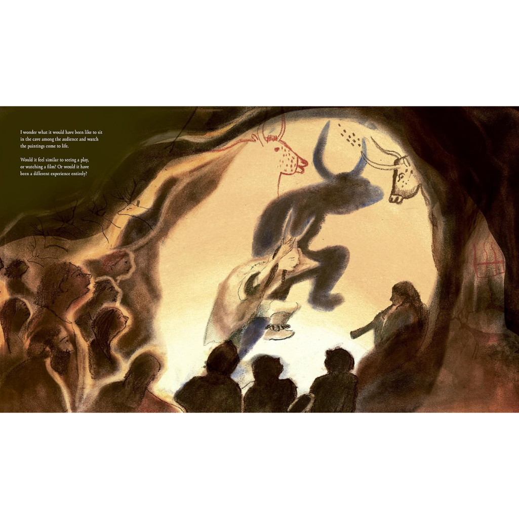 Artistic depiction of a cave painting with a silhouette of a person and animals, possibly a bull.