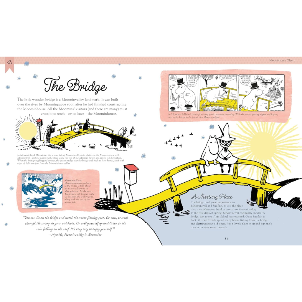 Illustrated page from a book showing a yellow bridge with cartoon characters, text, and additional illustrations.