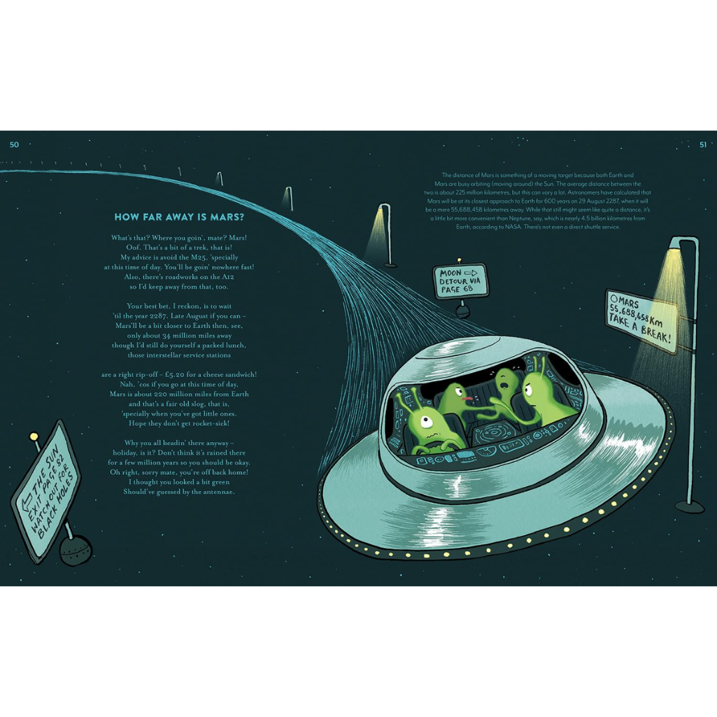 Illustration of a UFO with green aliens inside, set against a space-themed background.