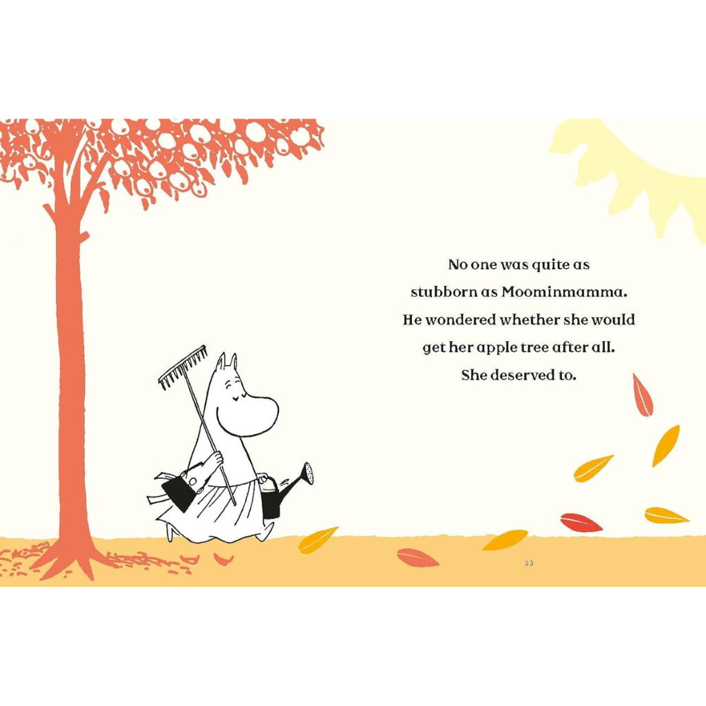 Illustration of a Moomin character with an apple tree and text about Moominmamma's stubbornness.