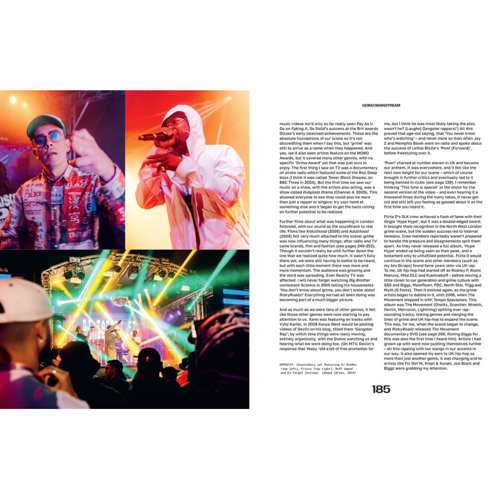 Magazine layout with two photos of people at a concert and text on a white background.