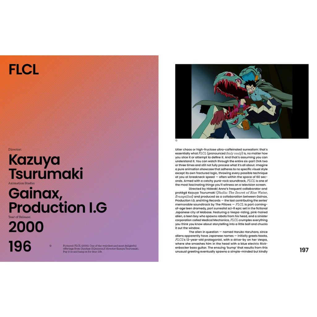 Page from a book or magazine featuring an anime character and text about FLCL by Kazuya Tsurumaki.