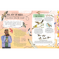 Book page about birdwatching with illustrations and text on a pink background