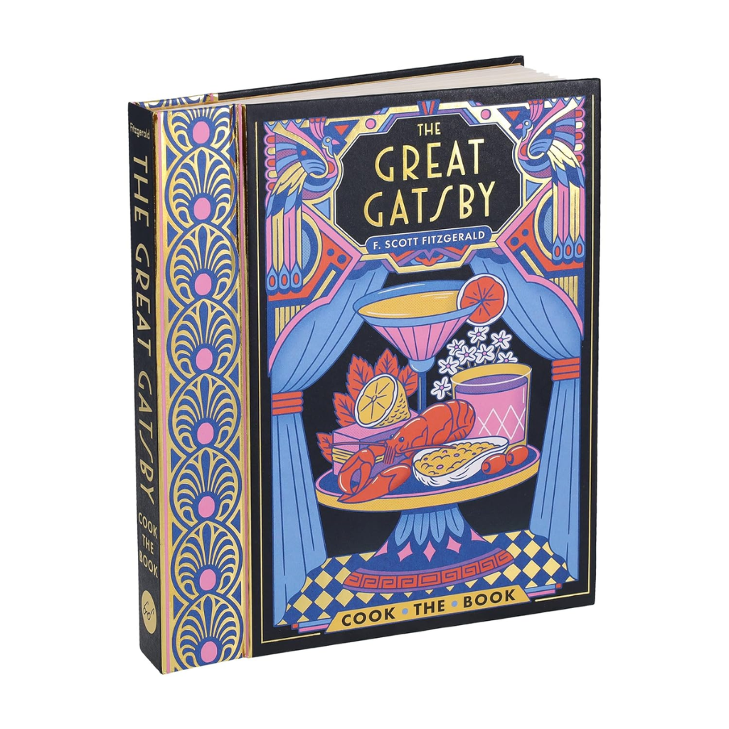 Decorative book cover of 'The Great Gatsby' with colorful design elements.