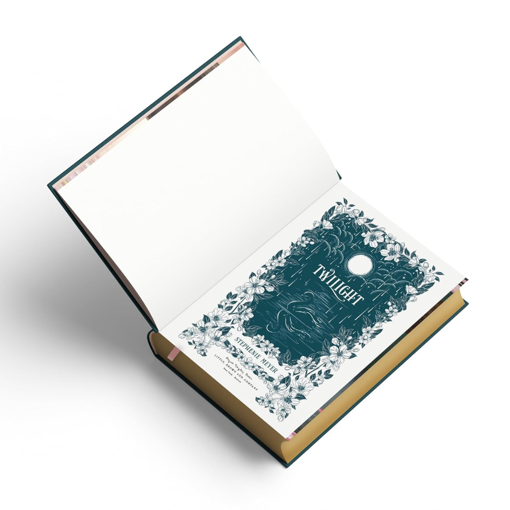 Open book with 'Twilight' cover design on a white background