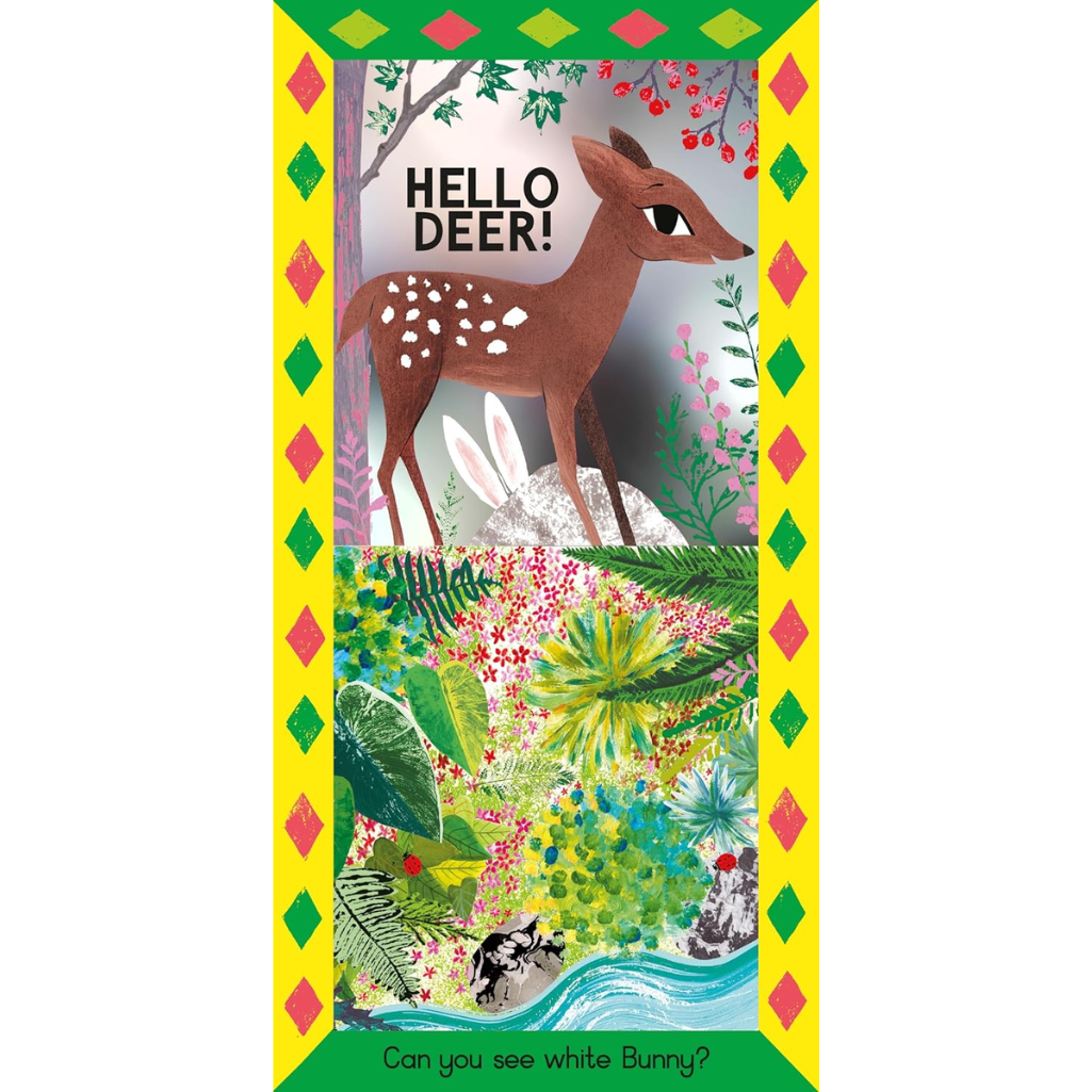 Children's book cover with a deer illustration and colorful border