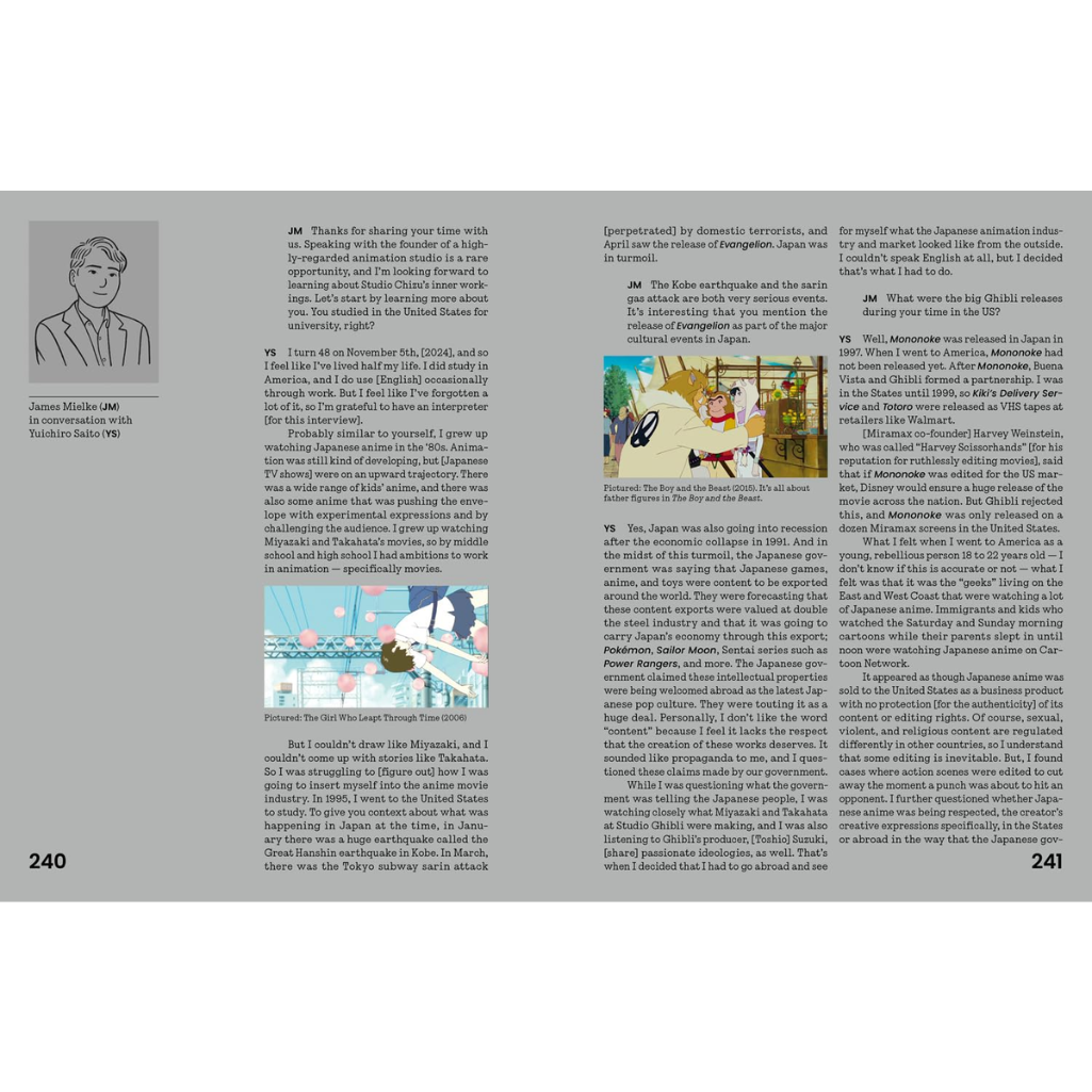 Two pages from a book with text, images, and a character illustration.