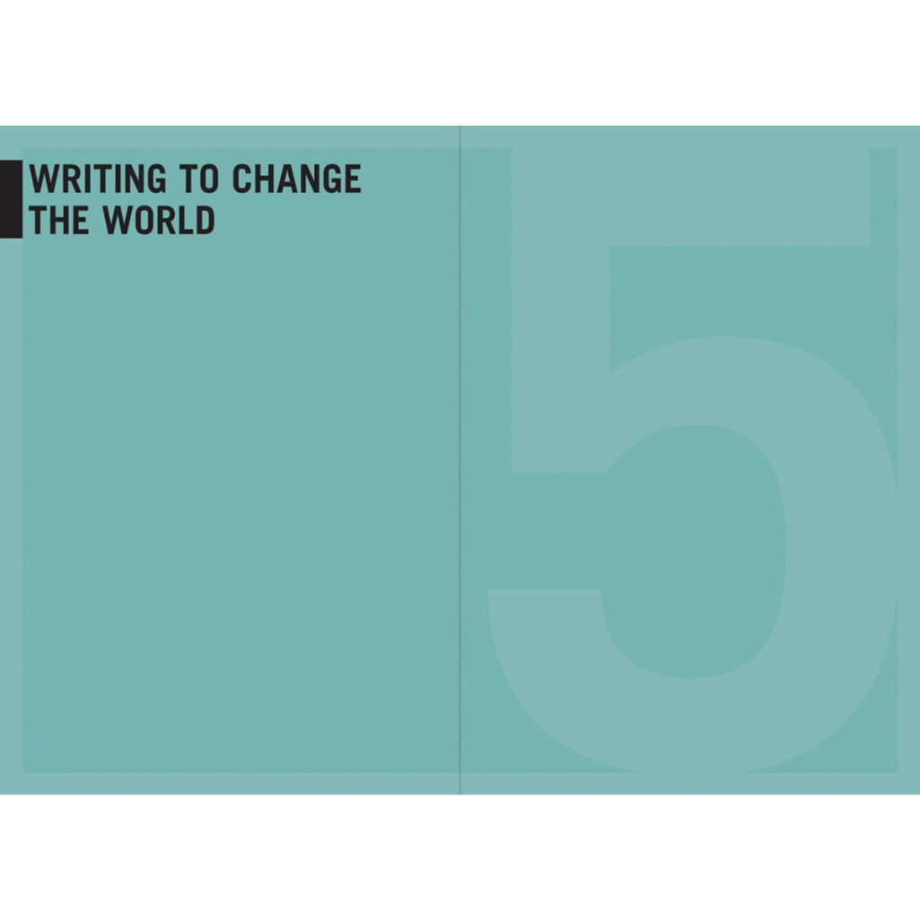 Teal book cover with 'Writing to Change the World' text and number '5'.