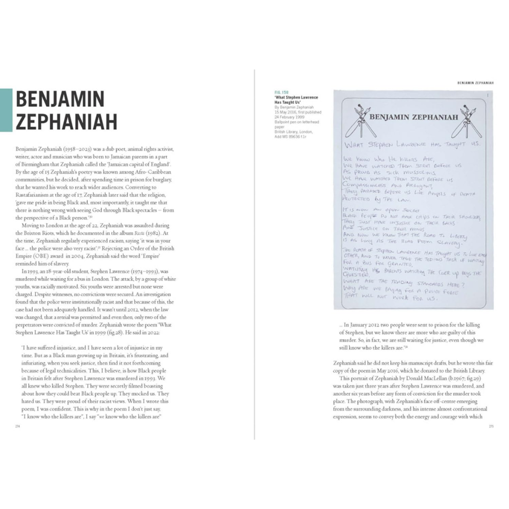 Book page with text and a small image of a document titled 'Benjamin Zephaniah'.