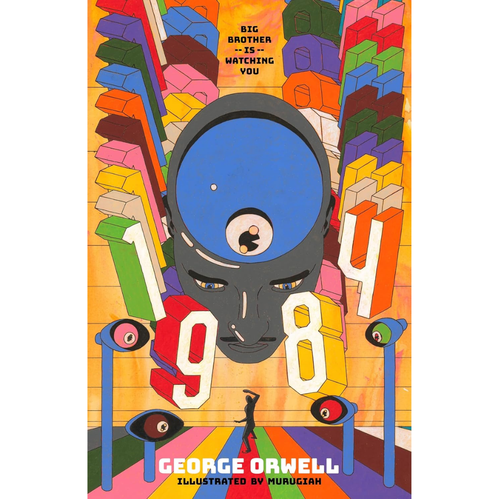Book cover of '1984' by George Orwell with colorful design and surveillance theme.