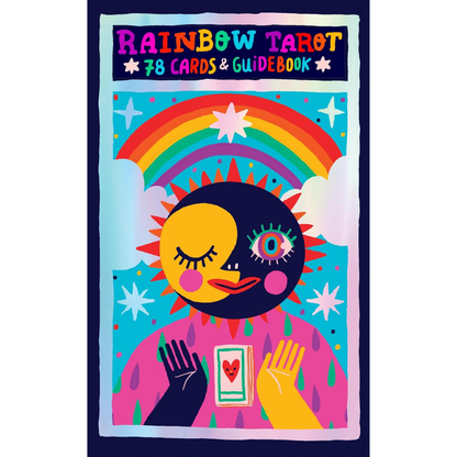 Cover of 'Rainbow Tarot' with a colorful design featuring a face, rainbow, and card.