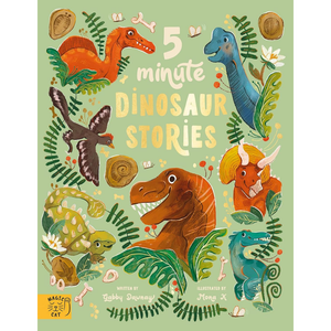 Book cover of '5 Minute Dinosaur Stories' with colorful dinosaur illustrations on a green background.