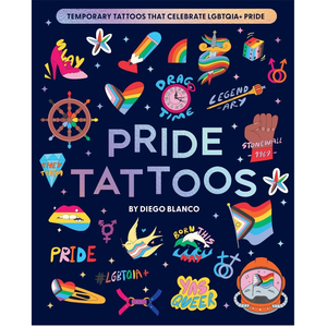 Book cover of 'Pride Tattoos' by Diego Blanco with colorful tattoos on a dark blue background.