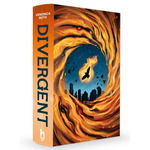 Book cover of 'Divergent' by Veronica Roth with fiery design and city silhouette.