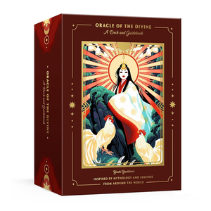 Oracle of the Divine packaging with a central illustration of a woman and rooster, set against a white background.