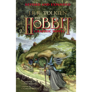 Cover of 'The Hobbit' graphic novel by J.R.R. Tolkien, featuring a hobbit and wizard in a green landscape.