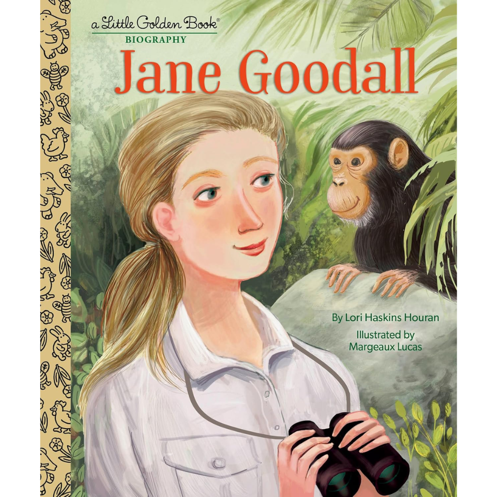Book cover of 'Jane Goodall' featuring an illustration of a young woman with binoculars and a chimpanzee.