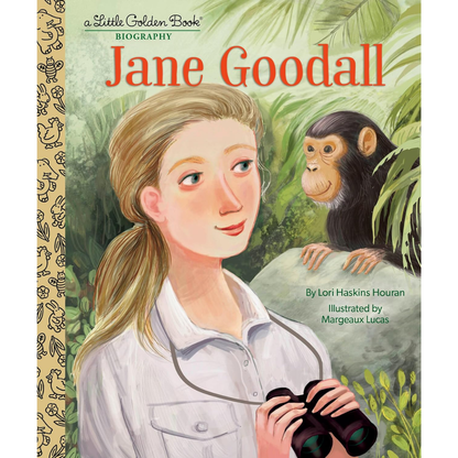 Book cover of 'Jane Goodall' featuring an illustration of a young woman with binoculars and a chimpanzee.